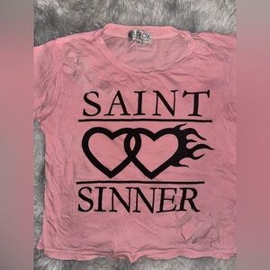 Wildfox Hot Pink ‘Saint Sinner’ Ripped Graphic Tee - EUC Medium